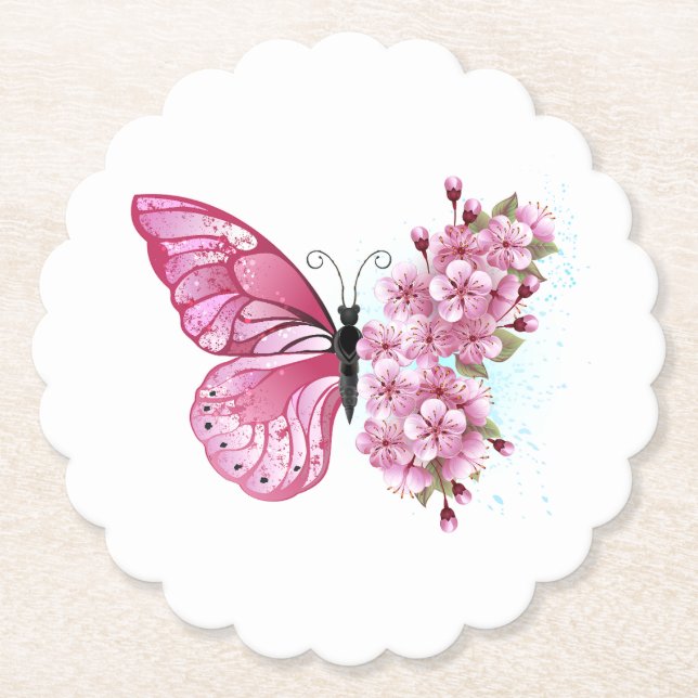 Flower Butterfly with Pink Sakura Paper Coaster (Front)