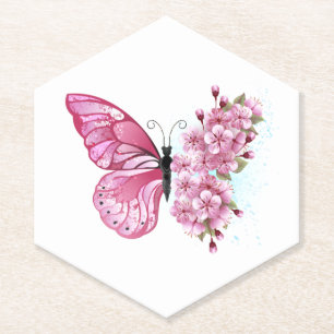 Flower Butterfly with Pink Sakura Paper Coaster