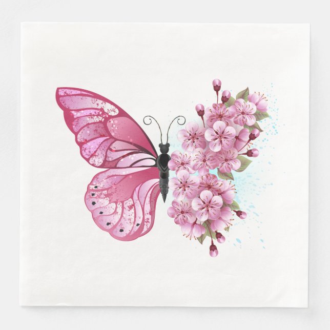 Flower Butterfly with Pink Sakura Paper Dinner Napkins (Front)