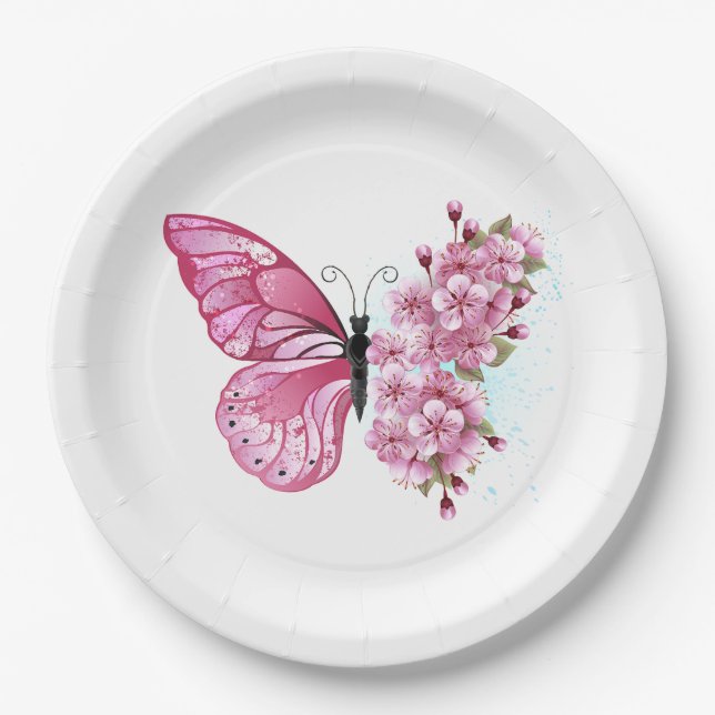 Flower Butterfly with Pink Sakura Paper Plates (Front)