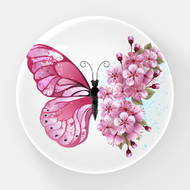 Flower Butterfly with Pink Sakura Paperweight (Front)