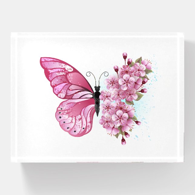 Flower Butterfly with Pink Sakura Paperweight (Front)