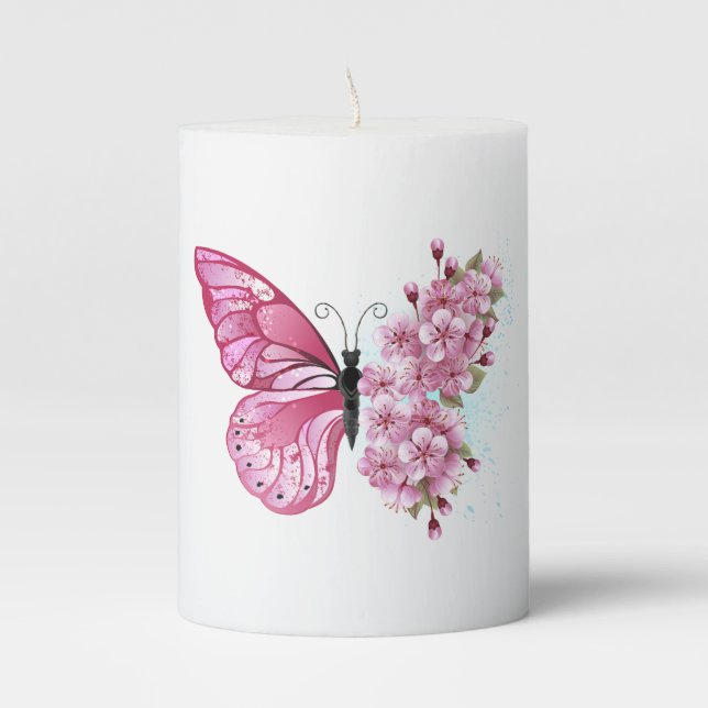 Flower Butterfly with Pink Sakura Pillar Candle (Front)