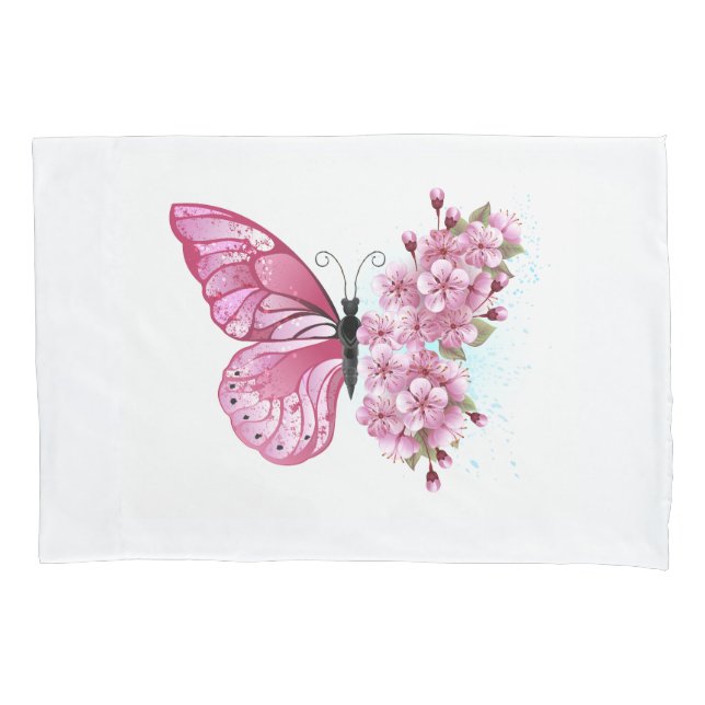 Flower Butterfly with Pink Sakura Pillow Case (Front-Left)