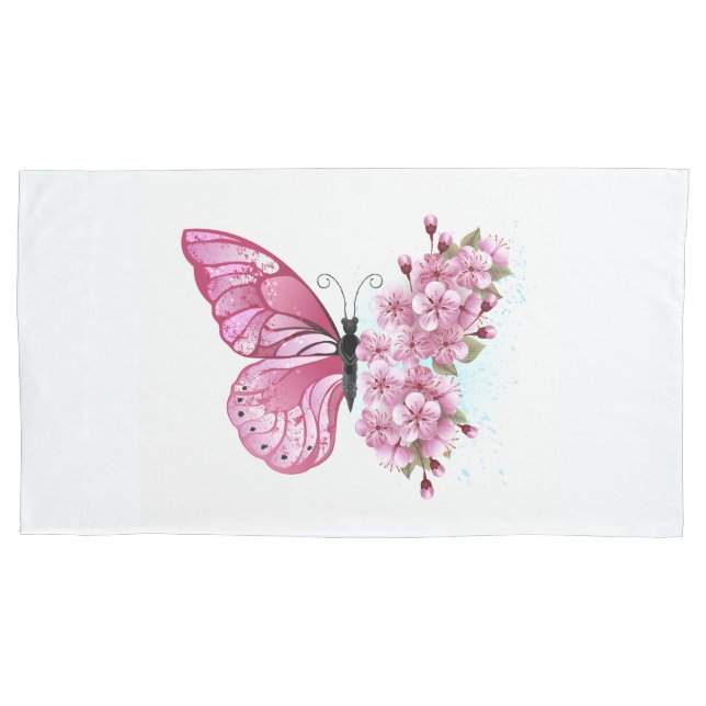 Flower Butterfly with Pink Sakura Pillow Case (Front)