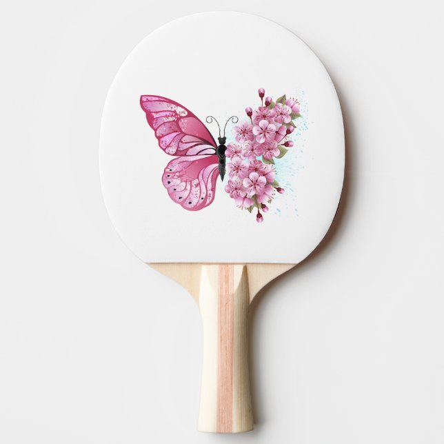 Flower Butterfly with Pink Sakura Ping Pong Paddle (Front)