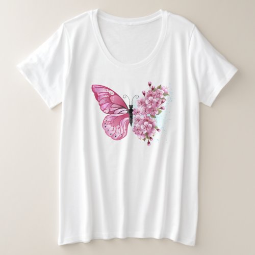 Flower Butterfly with Pink Sakura Plus Size T_Shirt