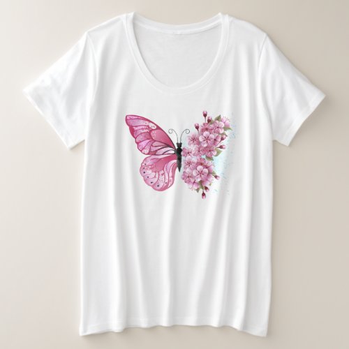 Flower Butterfly with Pink Sakura Plus Size T_Shirt