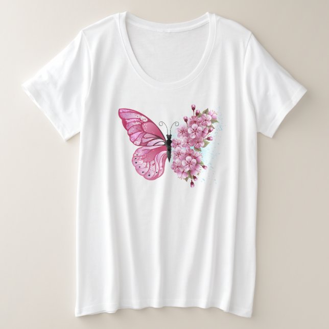 Flower Butterfly with Pink Sakura Plus Size T-Shirt (Design Front)