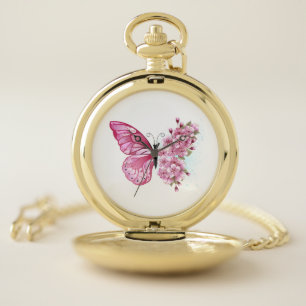 Flower Butterfly with Pink Sakura Pocket Watch