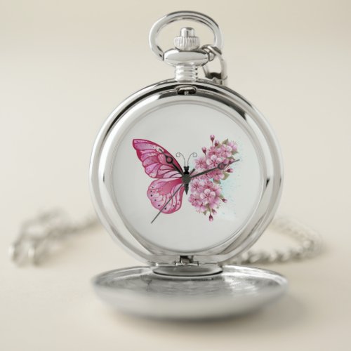 Flower Butterfly with Pink Sakura Pocket Watch