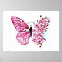 Flower Butterfly with Pink Sakura Poster