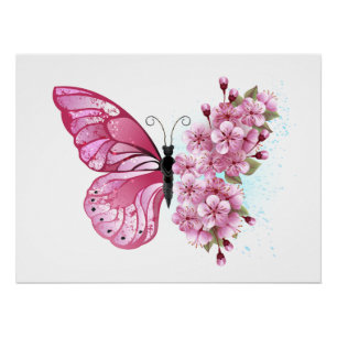 Flower Butterfly with Pink Sakura Poster