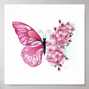 Flower Butterfly with Pink Sakura Poster