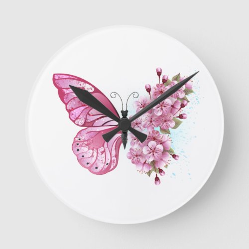 Flower Butterfly with Pink Sakura Round Clock