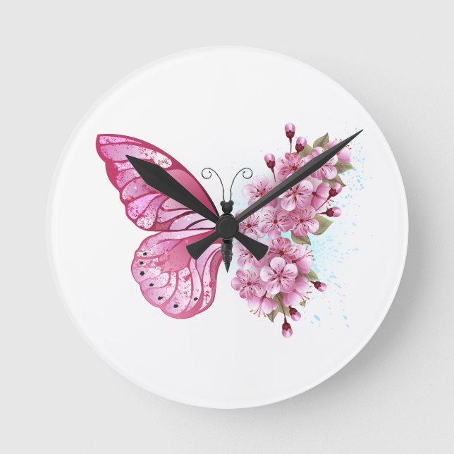 Flower Butterfly with Pink Sakura Round Clock (Front)