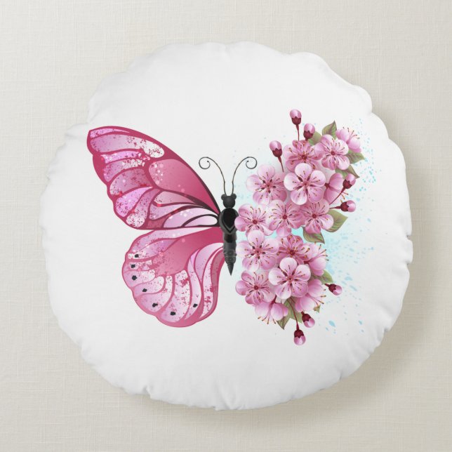 Flower Butterfly with Pink Sakura Round Pillow (Front)
