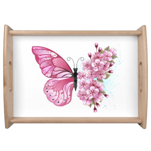 Flower Butterfly with Pink Sakura Serving Tray