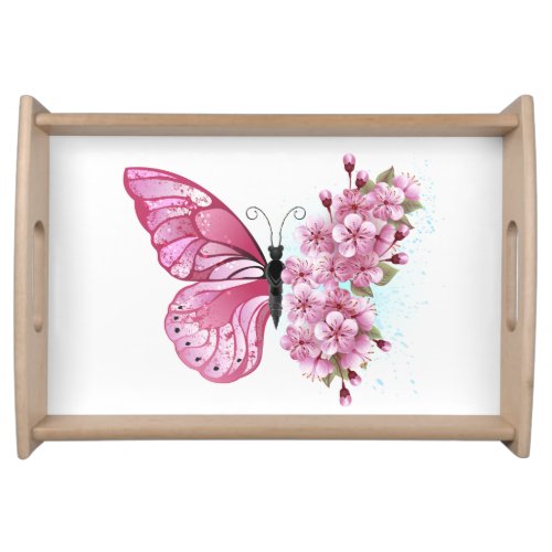 Flower Butterfly with Pink Sakura Serving Tray