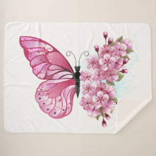 Flower Butterfly with Pink Sakura Sherpa Blanket