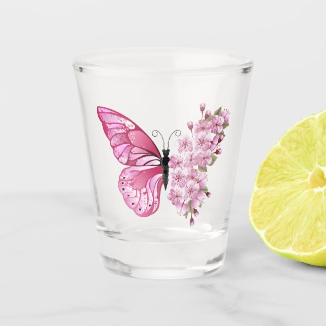 Flower Butterfly with Pink Sakura Shot Glass (Front)