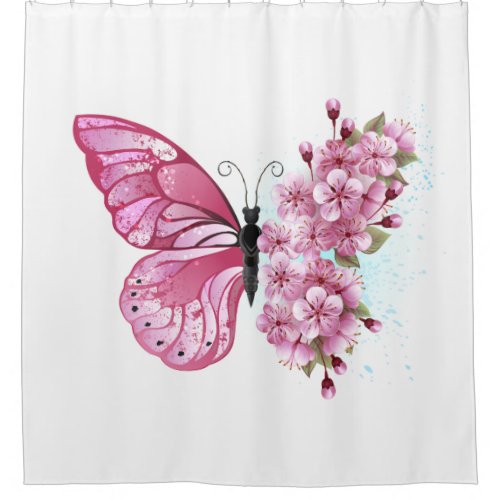 Flower Butterfly with Pink Sakura Shower Curtain