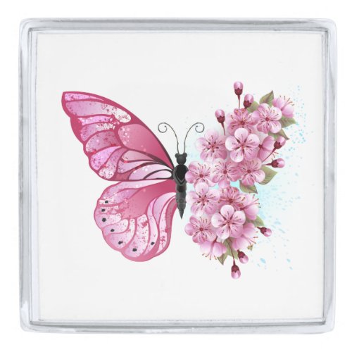 Flower Butterfly with Pink Sakura Silver Finish Lapel Pin