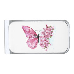 Flower Butterfly with Pink Sakura Silver Finish Money Clip