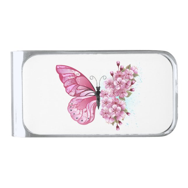 Flower Butterfly with Pink Sakura Silver Finish Money Clip (Front)