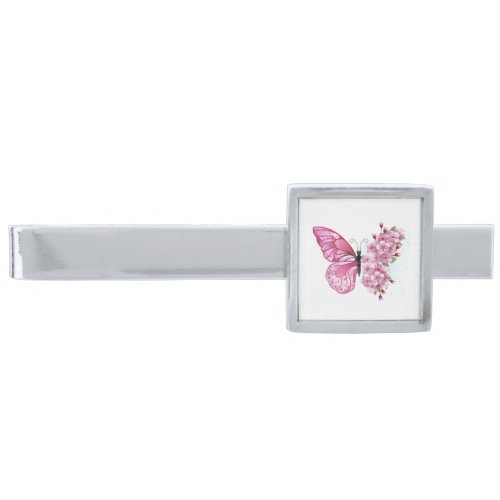 Flower Butterfly with Pink Sakura Silver Finish Tie Bar