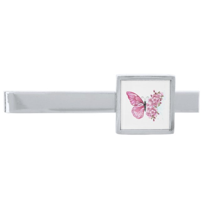 Flower Butterfly with Pink Sakura Silver Finish Tie Bar (Front)