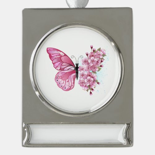 Flower Butterfly with Pink Sakura Silver Plated Banner Ornament