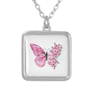 Flower Butterfly with Pink Sakura Silver Plated Necklace