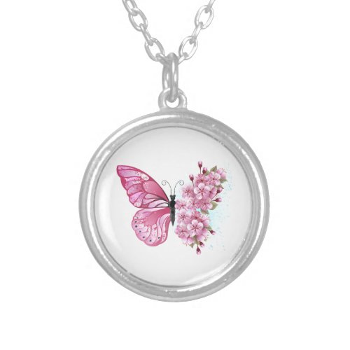Flower Butterfly with Pink Sakura Silver Plated Necklace
