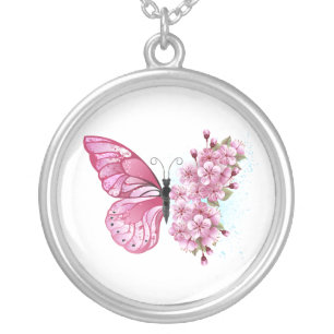 Flower Butterfly with Pink Sakura Silver Plated Necklace