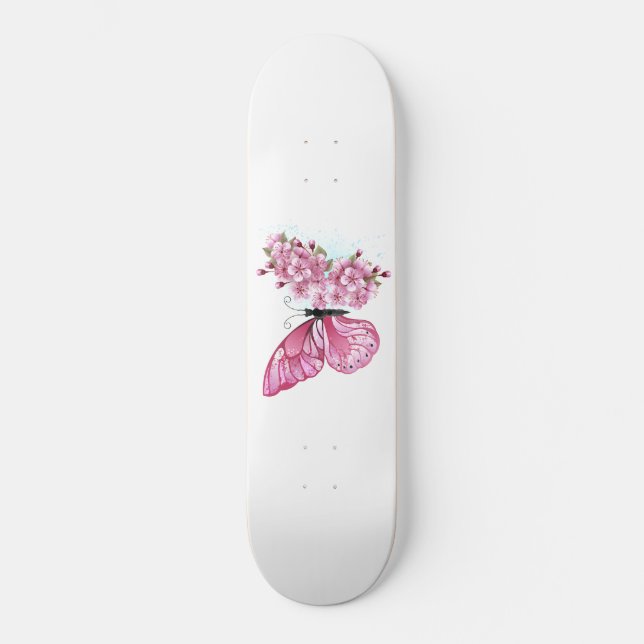 Flower Butterfly with Pink Sakura Skateboard (Front)