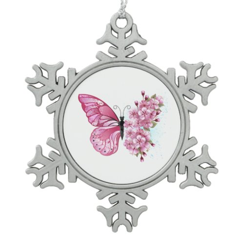 Flower Butterfly with Pink Sakura Snowflake Pewter Christmas Ornament