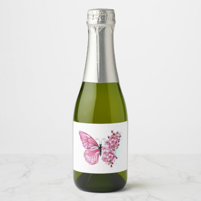 Flower Butterfly with Pink Sakura Sparkling Wine Label (Front)