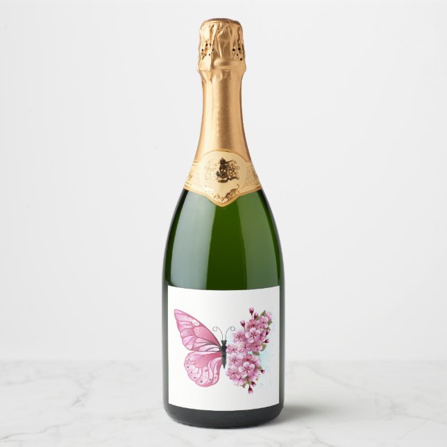 Flower Butterfly with Pink Sakura Sparkling Wine Label (Front)