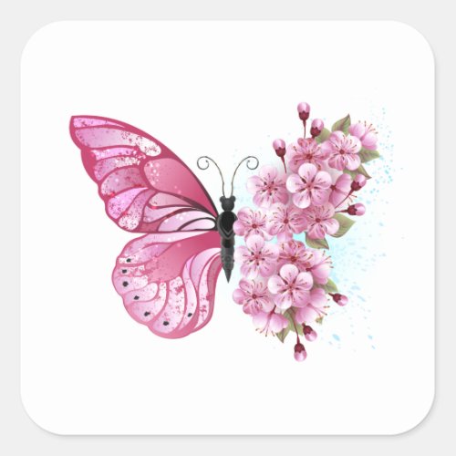 Flower Butterfly with Pink Sakura Square Sticker
