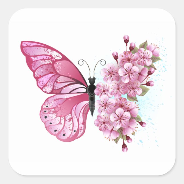 Flower Butterfly with Pink Sakura Square Sticker (Front)