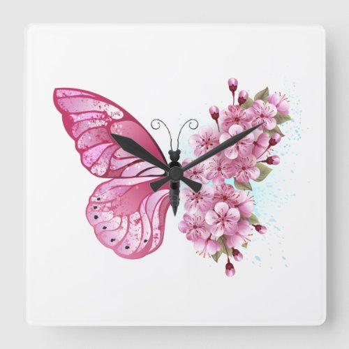 Flower Butterfly with Pink Sakura Square Wall Clock