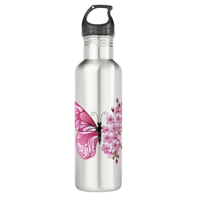 Flower Butterfly with Pink Sakura Stainless Steel Water Bottle (Front)