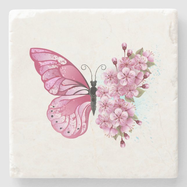Flower Butterfly with Pink Sakura Stone Coaster (Front)