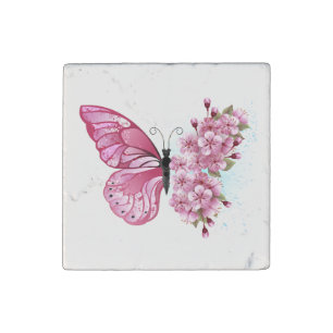 Flower Butterfly with Pink Sakura Stone Magnet