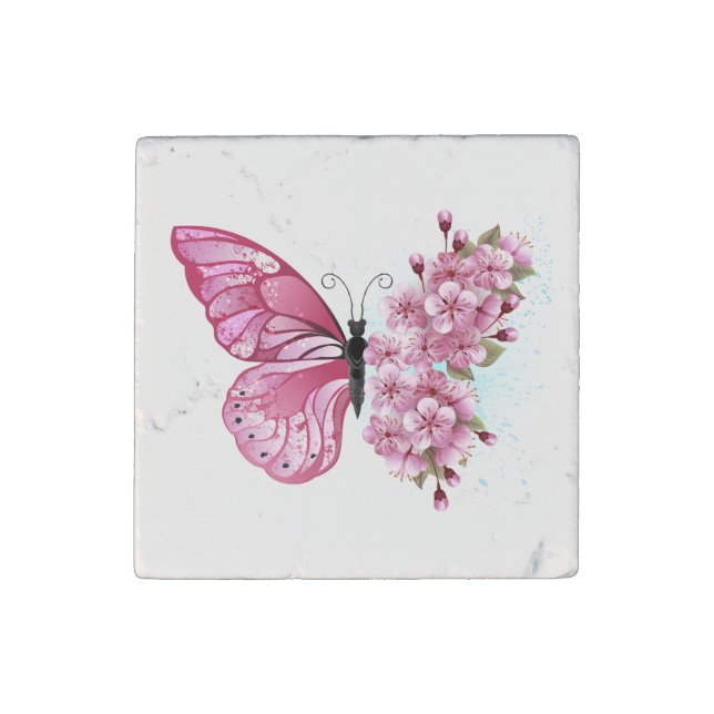Flower Butterfly with Pink Sakura Stone Magnet (Front)