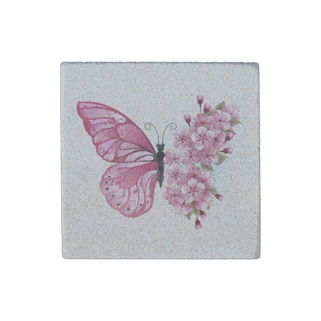 Flower Butterfly with Pink Sakura Stone Magnet (Front)