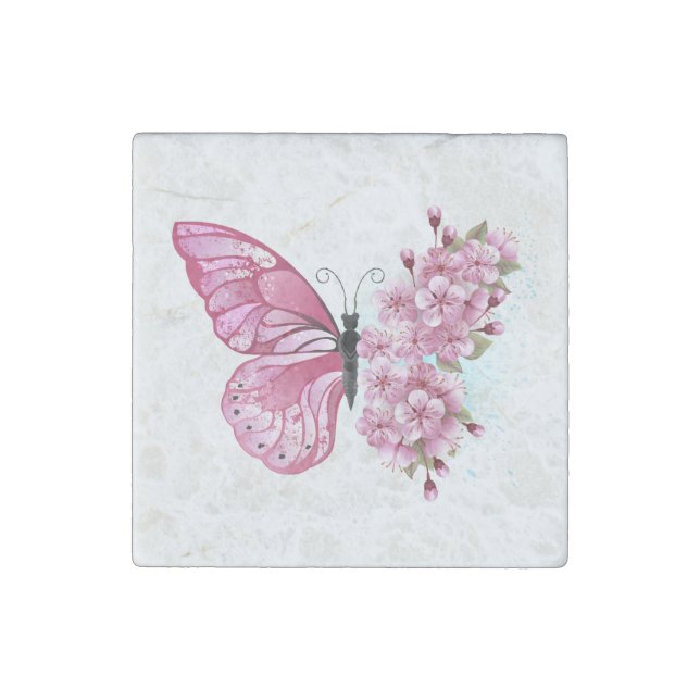 Flower Butterfly with Pink Sakura Stone Magnet (Front)