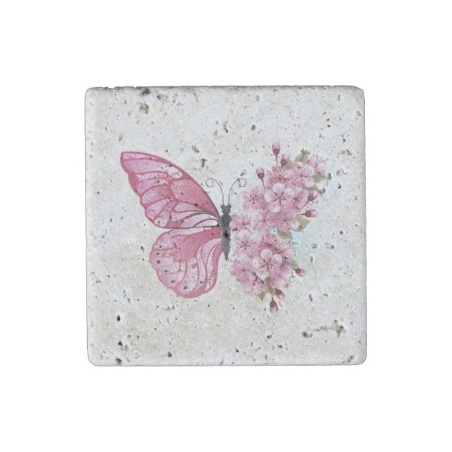 Flower Butterfly with Pink Sakura Stone Magnet (Front)