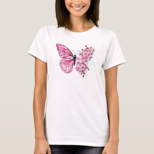 Flower Butterfly with Pink Sakura T_Shirt